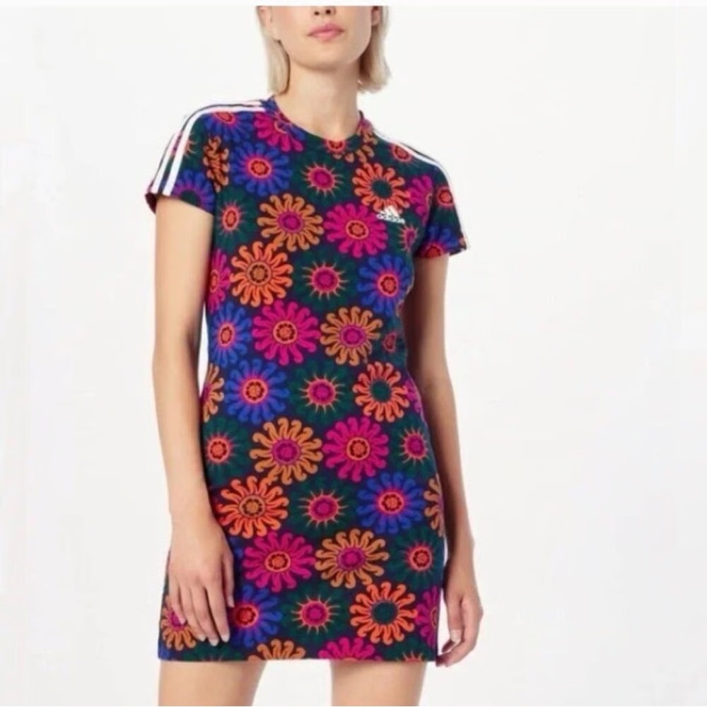 Adidas Pink Orange Sheath Mini Dress Crew Neck